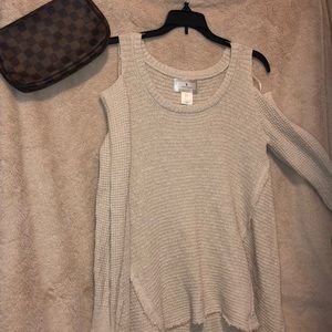 Open shoulder waffle sweater